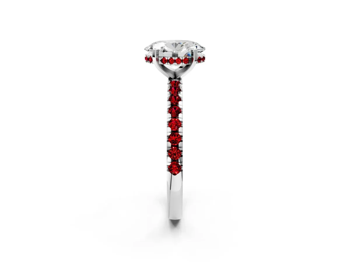 Oval Cut Diamond Solitaire Ring with Round Ruby Pavé Band and Four-Prong Setting Platinum
