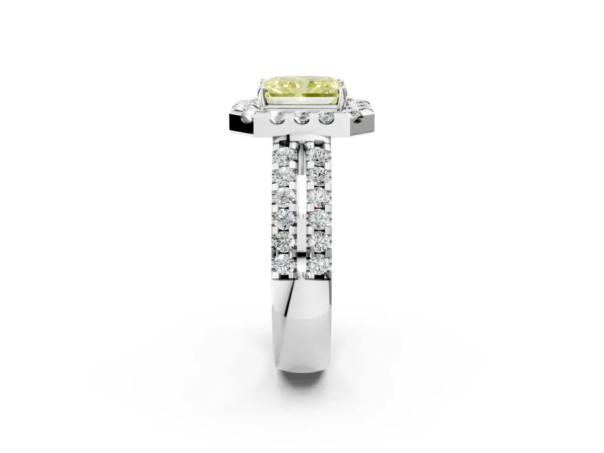 Fancy Yellow Radiant Cut Halo Diamond Split Shank Engagement Ring with Prong Setting Platinum