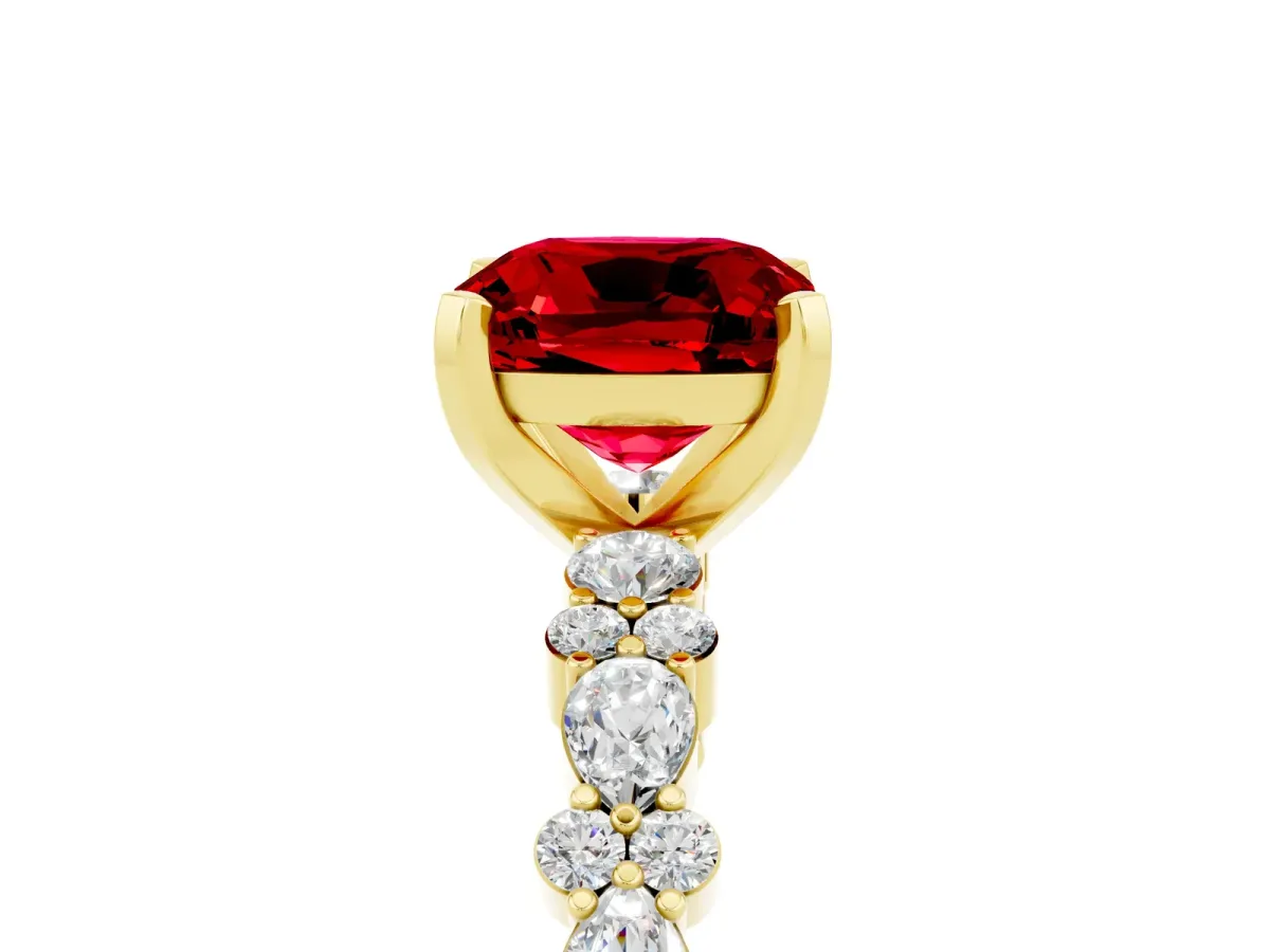 Cushion Cut Ruby Side Stone Solitaire Ring with Round and Four-Prong Setting Yellow gold