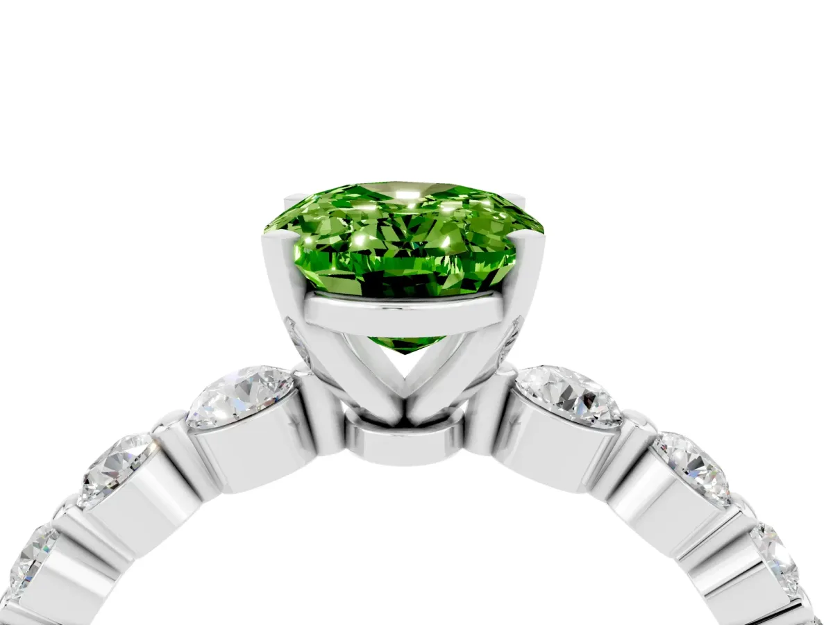Oval Cut Solitaire Peridot Ring with Pave Band and Four-Prong Setting White gold