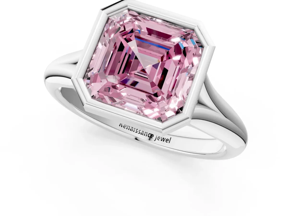 Fancy Pink Bezel Set Asscher Cut Solitaire Diamond Ring with Smooth Band Platinum