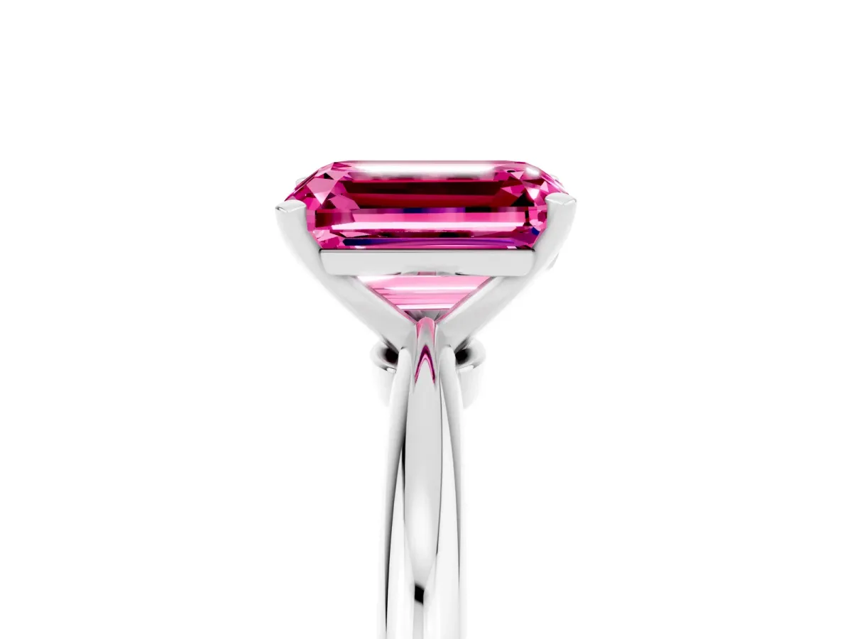 Emerald Cut Pink Sapphire Solitaire Ring with Six-Prong Setting and Classic Band Silver