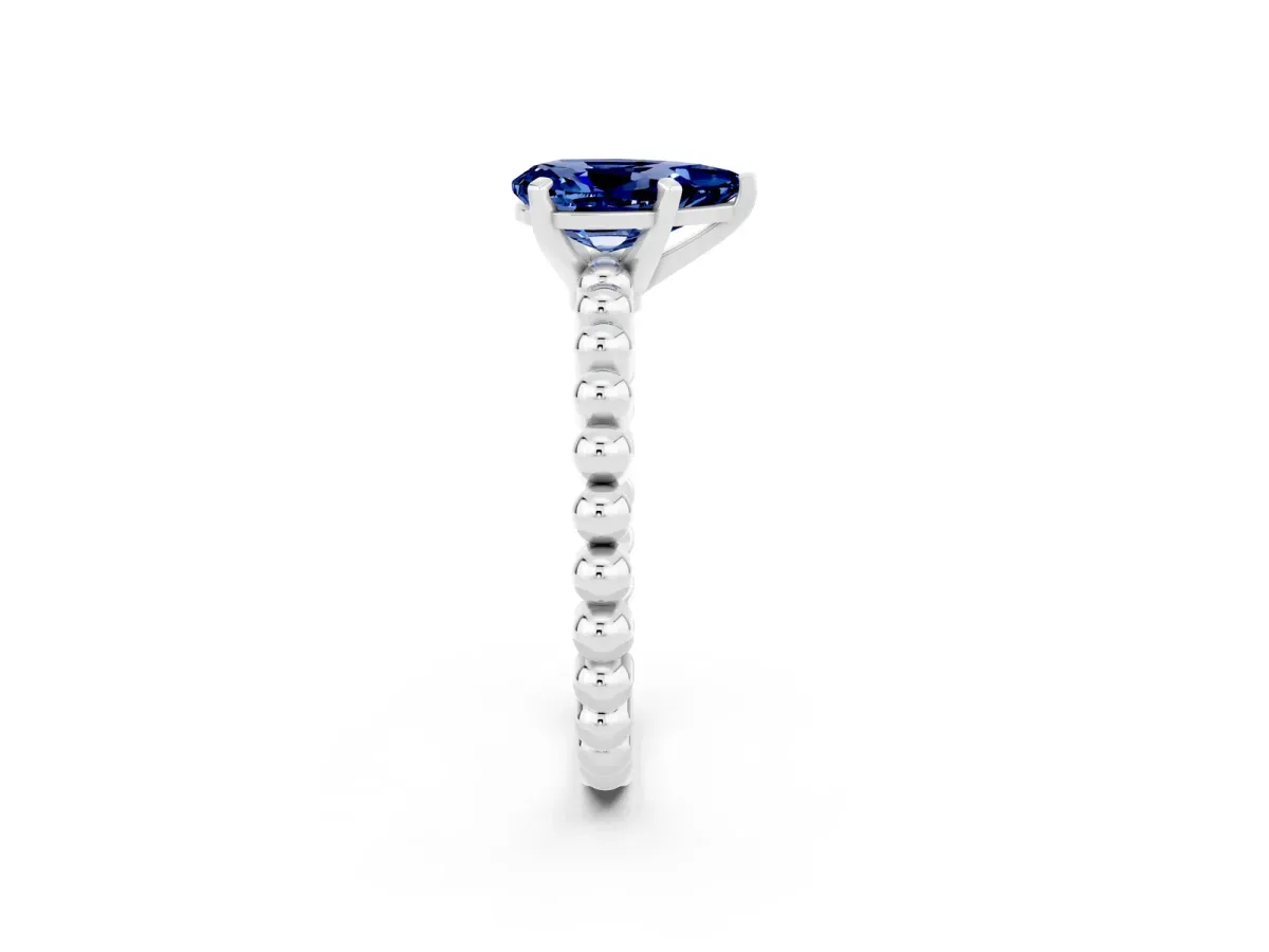 Pear Cut Blue Sapphire Solitaire Ring with Beaded Band and Prong Setting Silver
