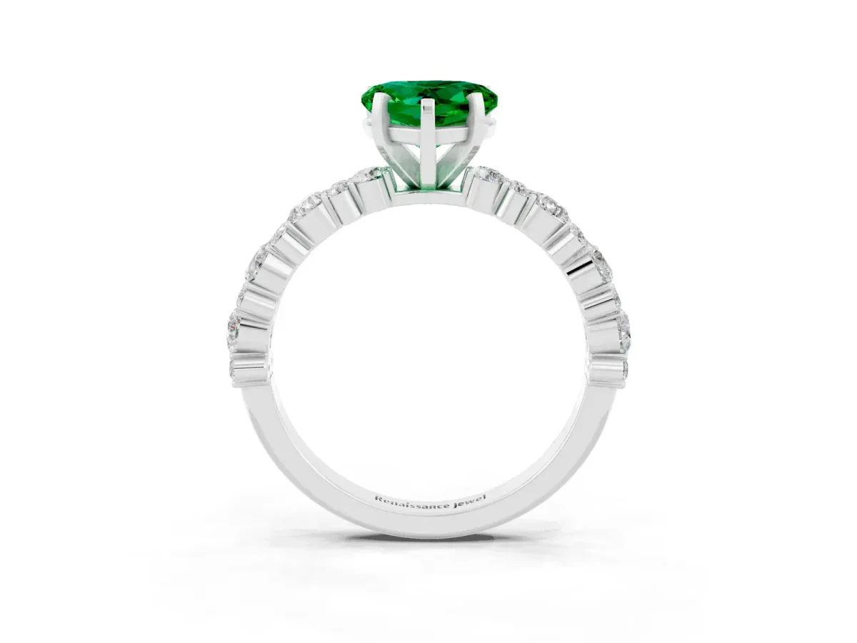 Heart Cut Emerald Side Stone Solitaire Ring with Round and Four-Prong Setting Platinum