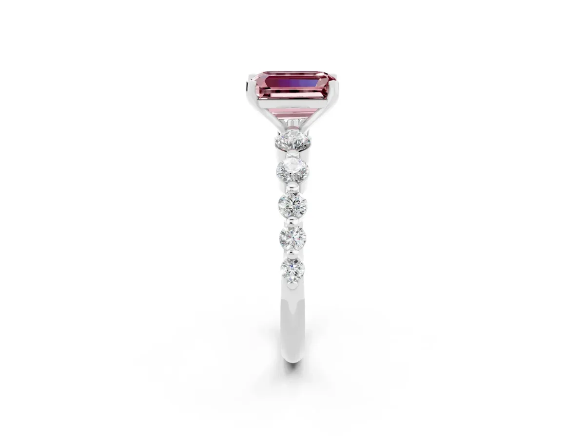 Emerald Cut Solitaire Morganite Ring with Pave Band and Four-Prong Setting Silver