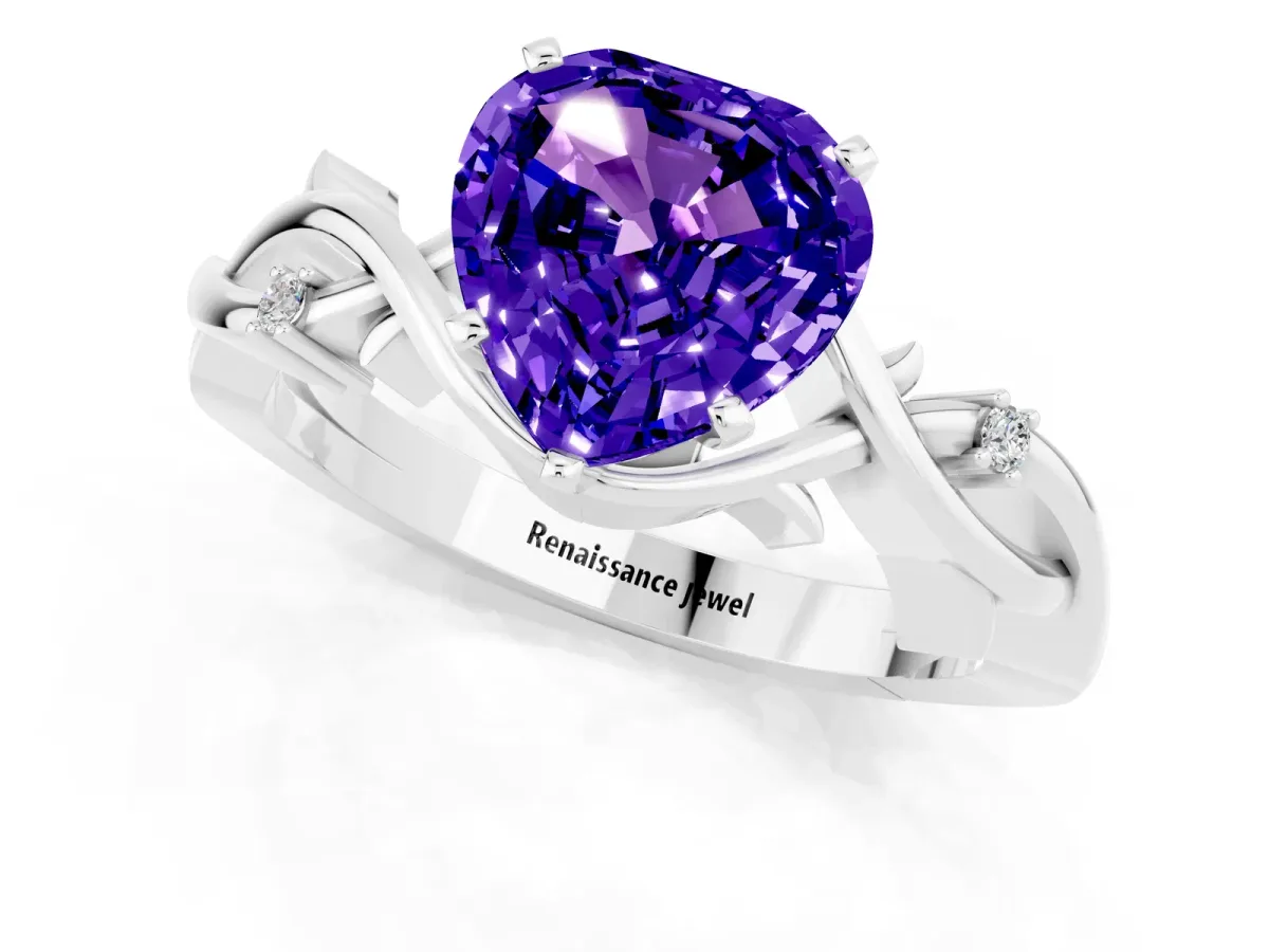 Heart Cut Tanzanite Solitaire Ring with Twisted Band and Prong Setting Platinum