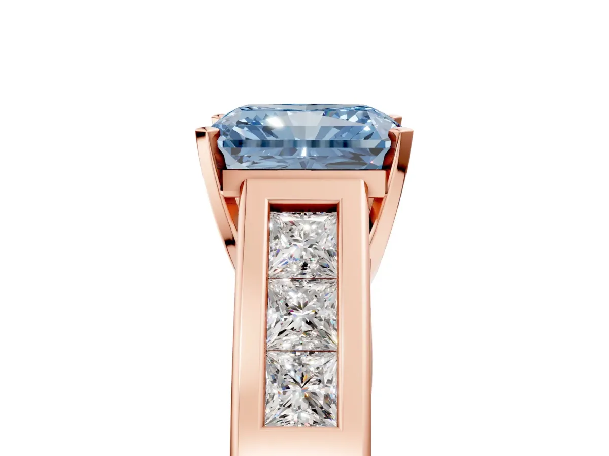 Fancy Blue Radiant Cut Cut Channel Set Solitaire Ring with Four-Prong Setting Rose gold