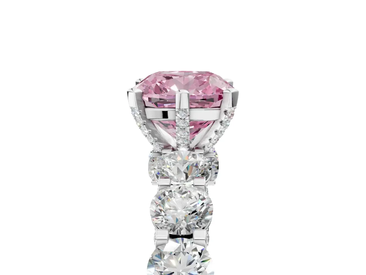 Fancy Pink Cushion Cut Diamond Side Stone Engagement Ring with Four-Prong Setting Silver