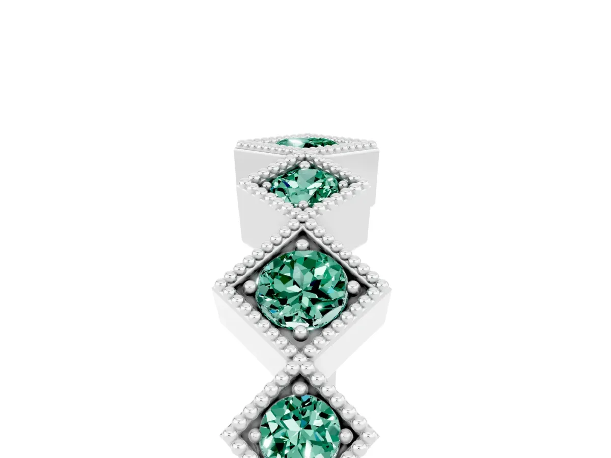 Milgrain Square Bezel Round Green Sapphire Chevron Band Silver