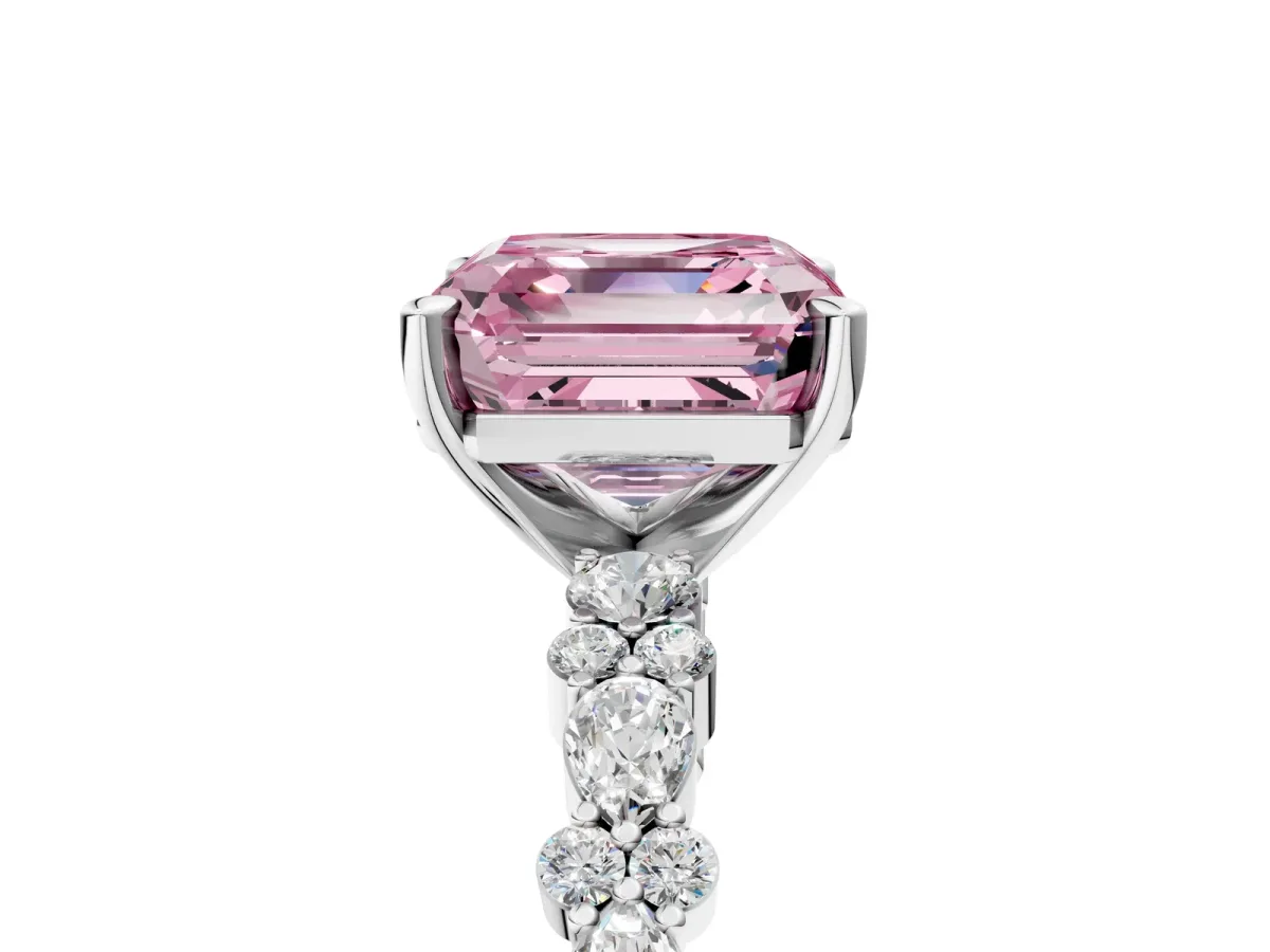 Fancy Pink Asscher Cut Diamond Side Stone Solitaire Ring with Round and Four-Prong Setting Silver
