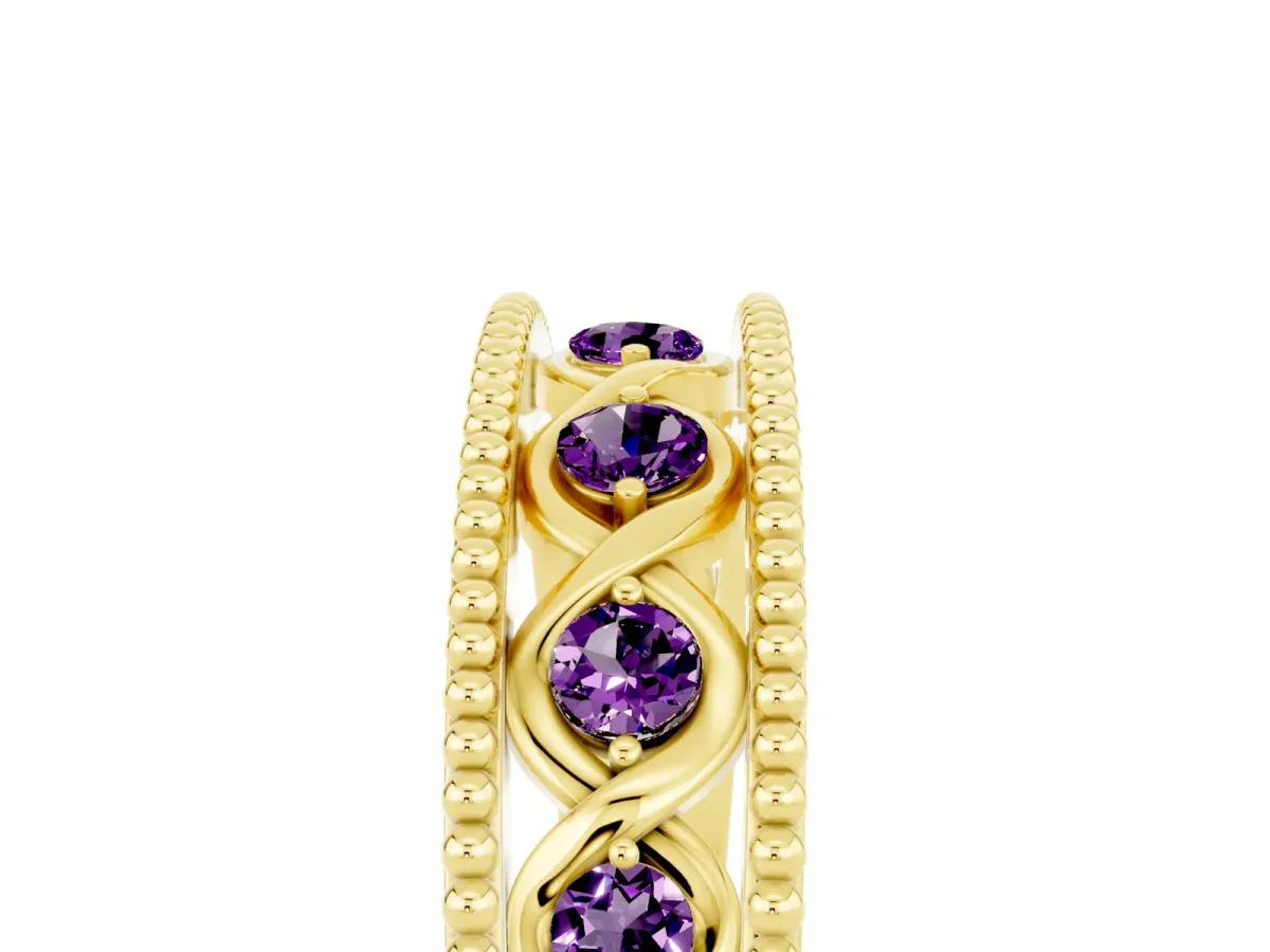 Round Amethyst Twist Milgrain Band with Bezel Setting Yellow gold