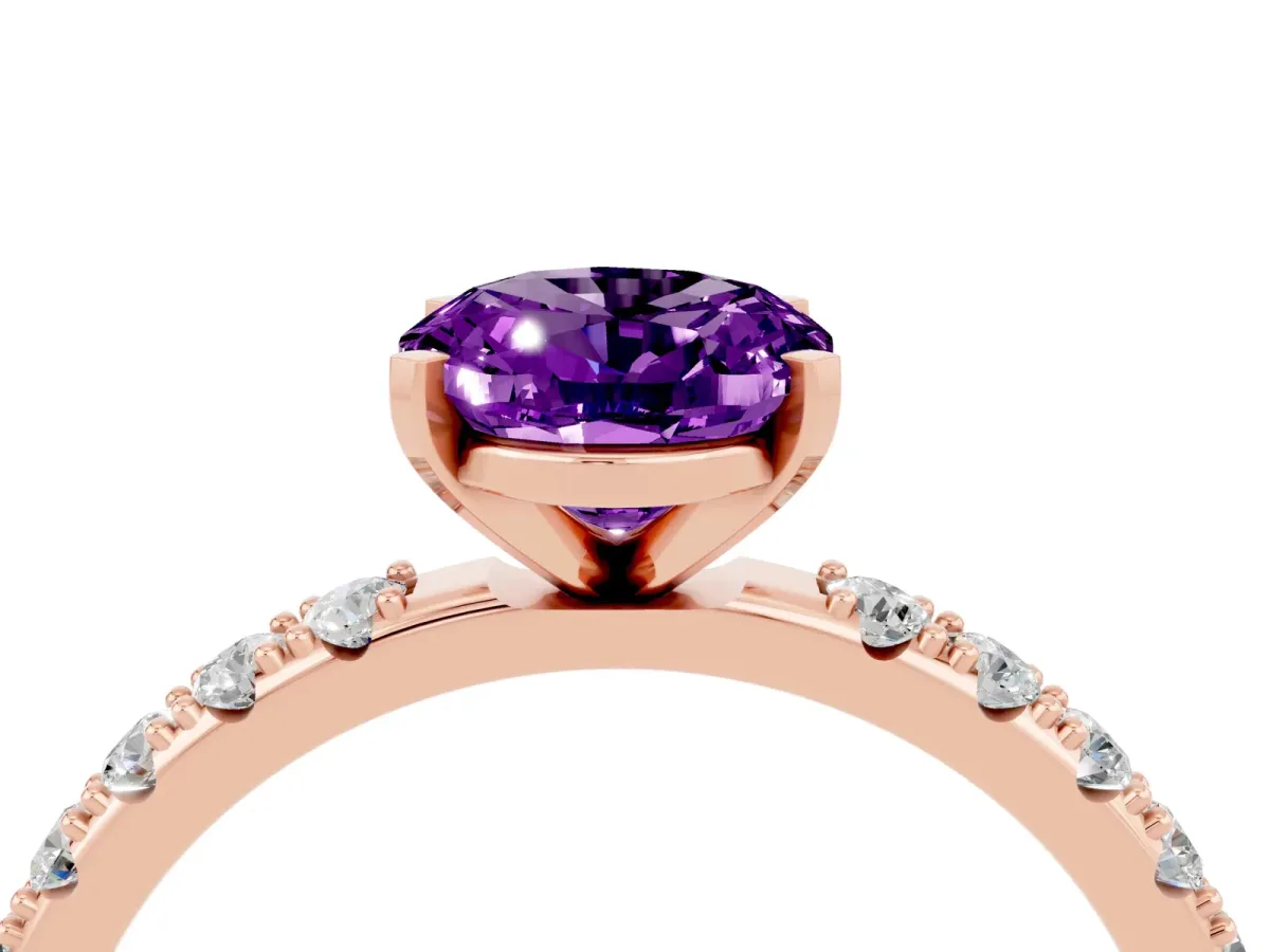 Oval Cut Amethyst Solitaire Pavé Band with Four-Prong Setting Rose gold
