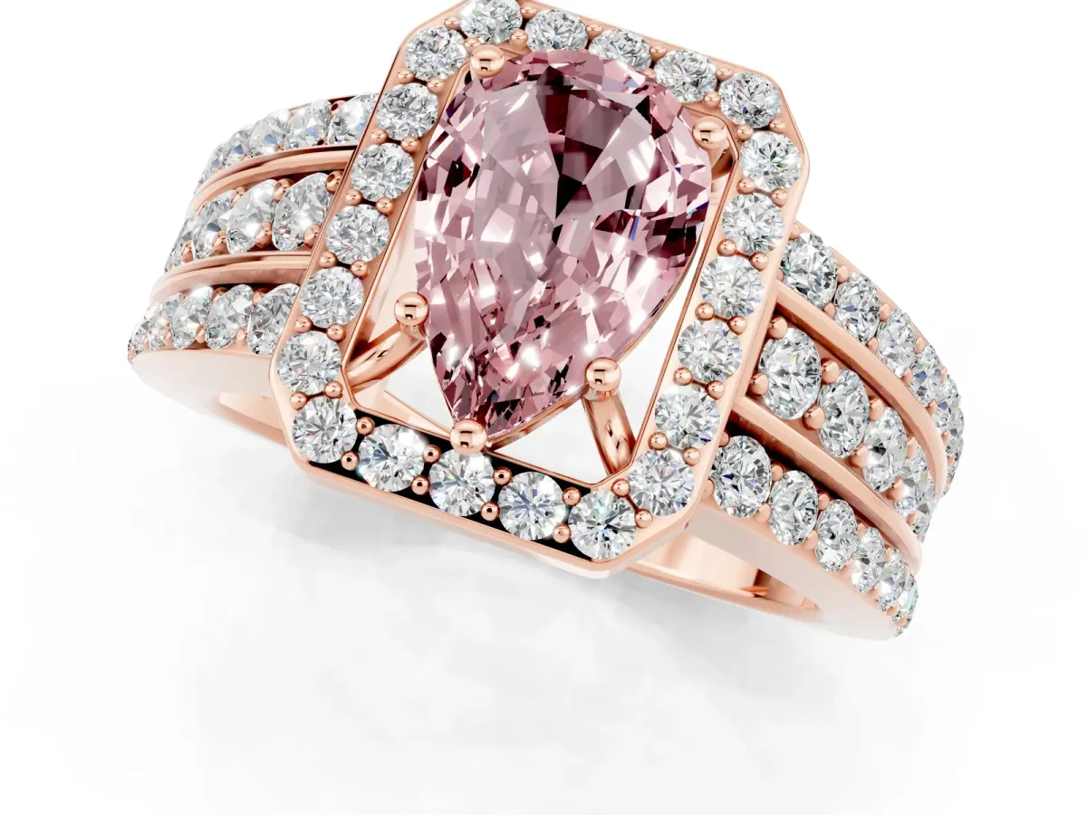 Pear Cut Halo Morganite Ring with Round Split Shank and Prong Setting Rose gold