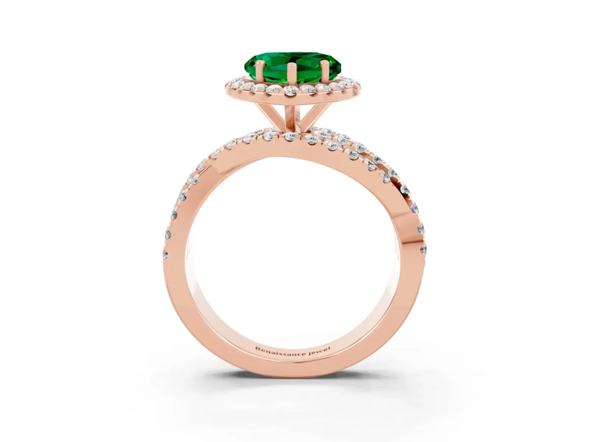 Heart Cut Emerald Halo Ring with Round Split Shank and Prong Setting Rose gold