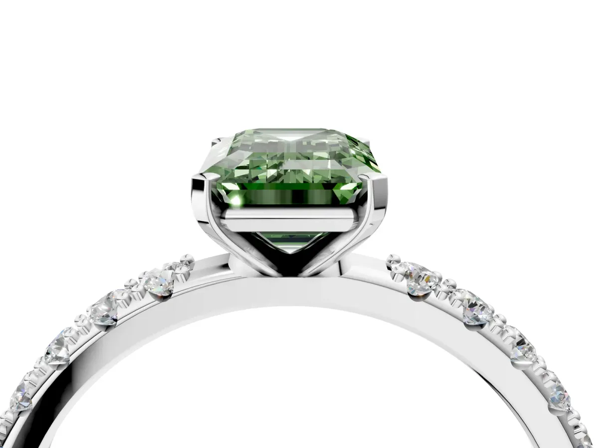 Fancy Green Emerald Cut Diamond Solitaire Pavé Band with Four-Prong Setting Silver