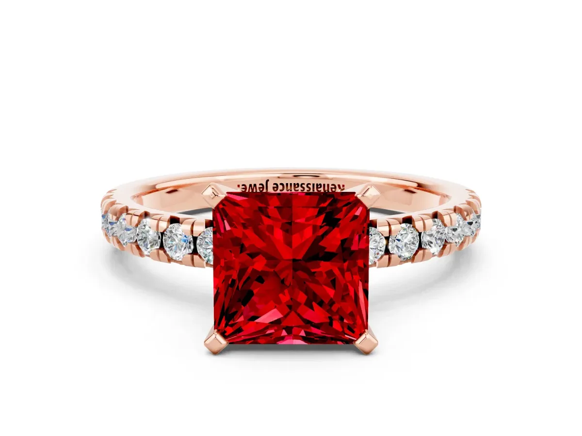 Princess Cut Ruby Solitaire Pavé Engagement Ring with Round Band and Prong Setting Rose gold
