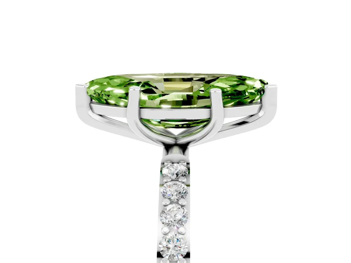 Marquise Cut Peridot Solitaire Ring with Round Pavé Band and Prong Setting Silver