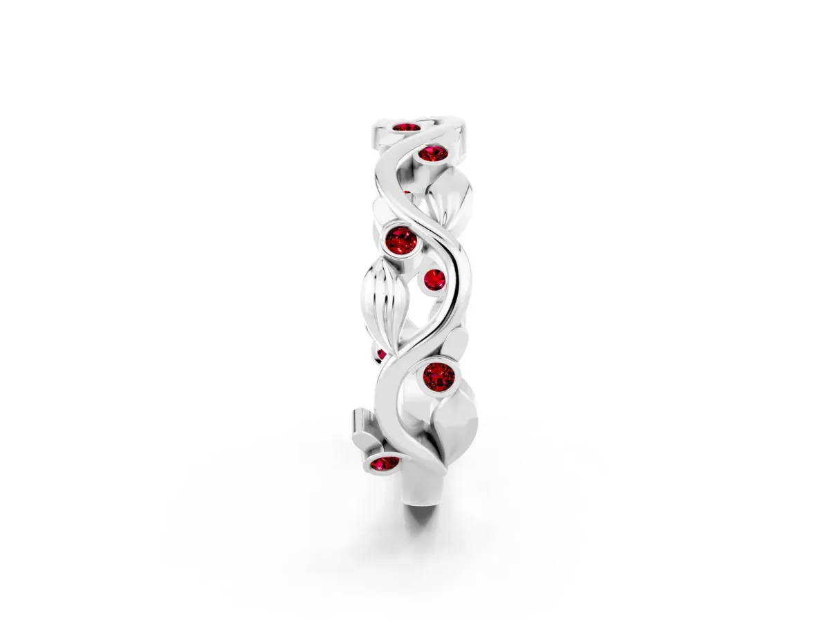 Round Ruby Leaf Eternity Band with Bezel Setting White gold