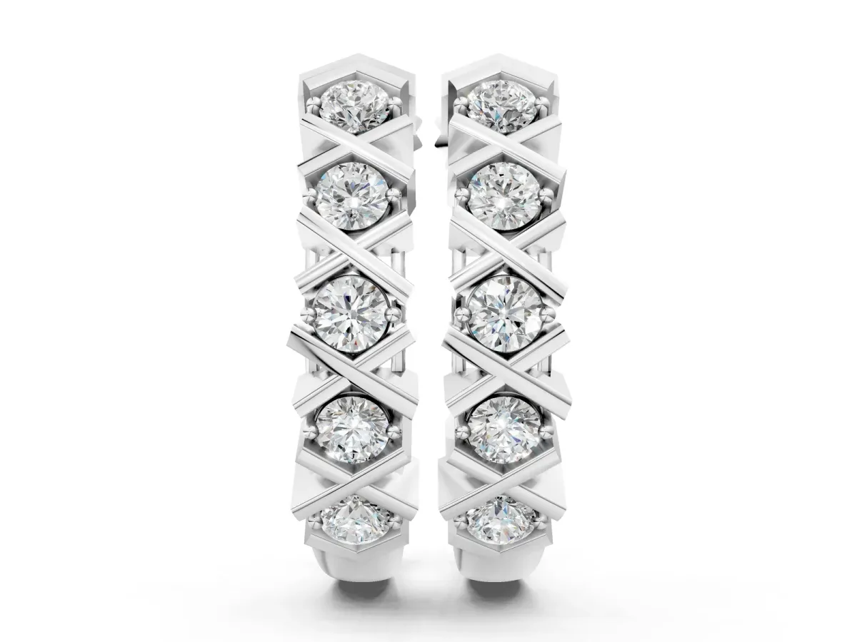 Round Diamond Criss-Cross Prong Hoop Earrings Silver