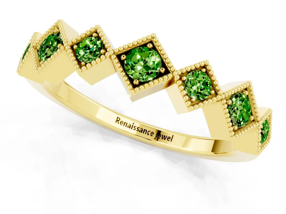 Milgrain Square Bezel Round Peridot Chevron Band Yellow gold