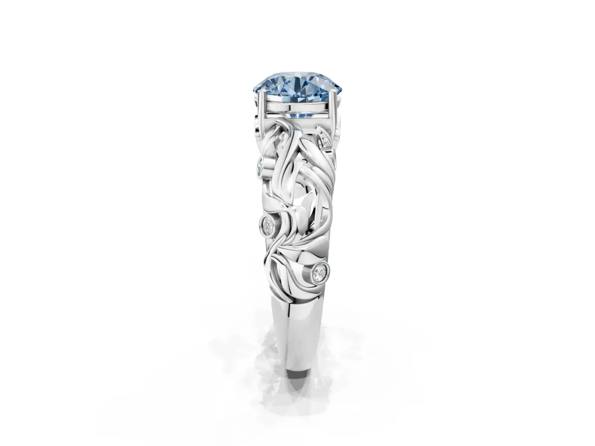 Fancy Blue Round Cut Solitaire Diamond Leaf-Inspired Vine Band Ring with Prong Setting Silver