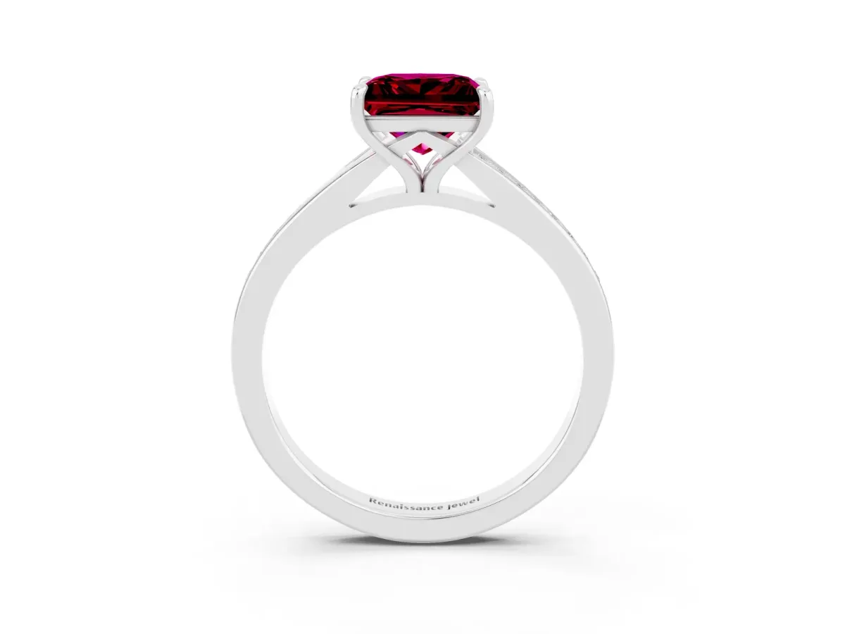 Princess Cut Garnet Solitaire Ring with Pavé Band and Prong Setting Silver