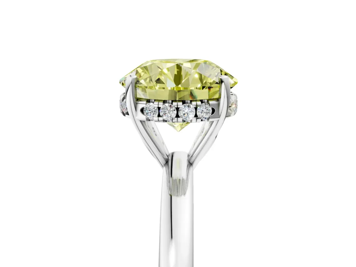 Fancy Yellow Round Cut Solitaire Diamond Ring with Prong Setting and Plain Band Platinum