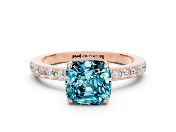 Cushion Cut Blue Topaz Solitaire Engagement Ring with Pavé Band and Four-Prong Setting Rose gold