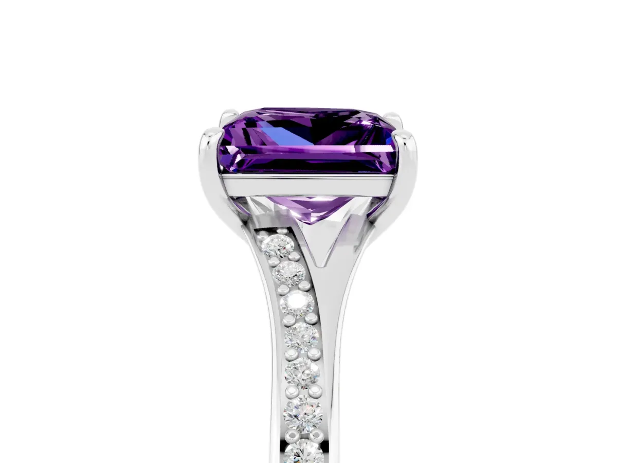 Princess Cut Amethyst Solitaire Ring with Pavé Band and Prong Setting Silver