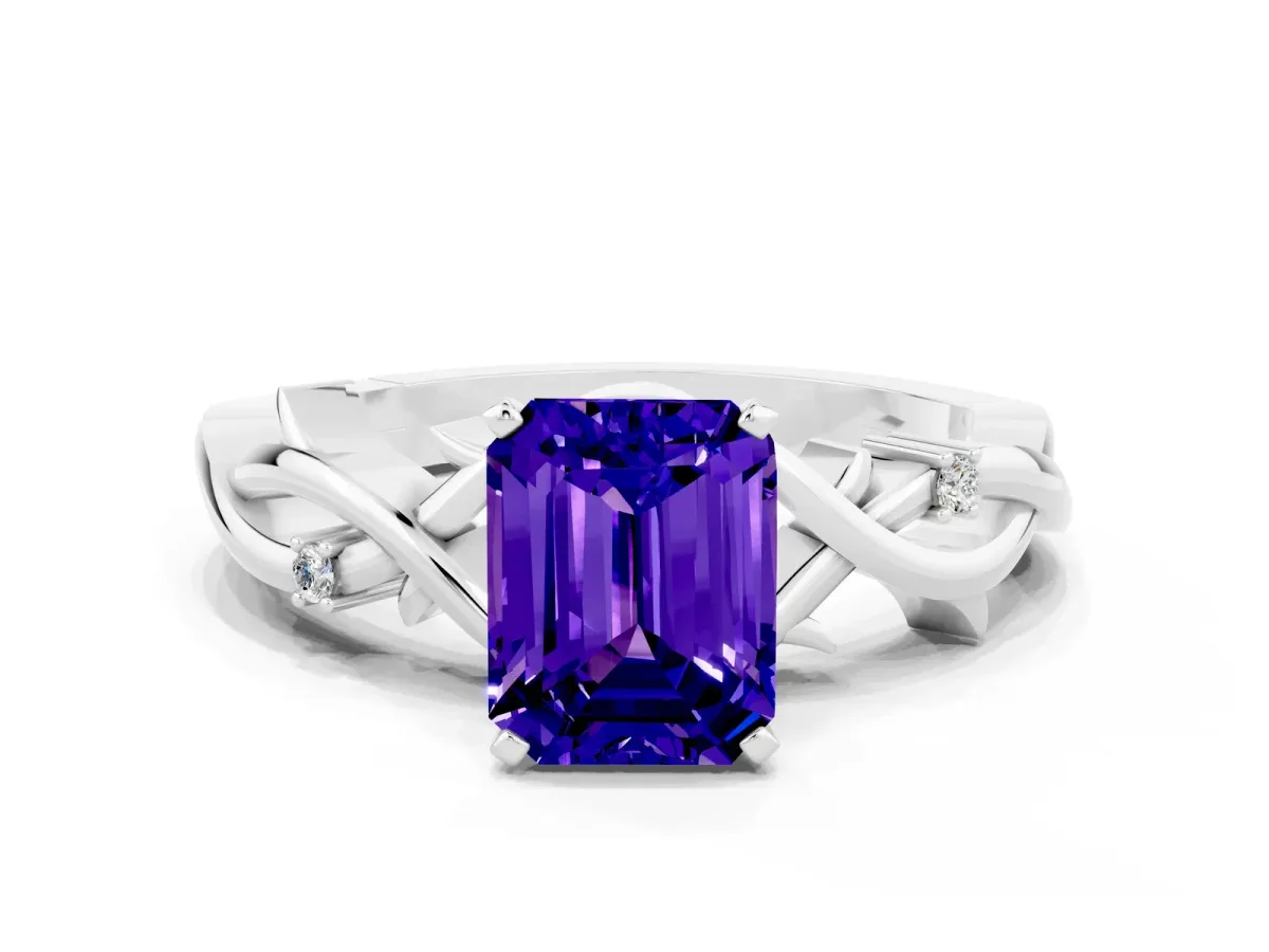 Emerald Cut Tanzanite Solitaire Ring with Twisted Band and Prong Setting Silver