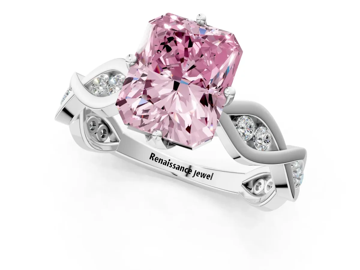 Fancy Pink Radiant Cut Solitaire Twist Band with Leaf Prong Setting Platinum