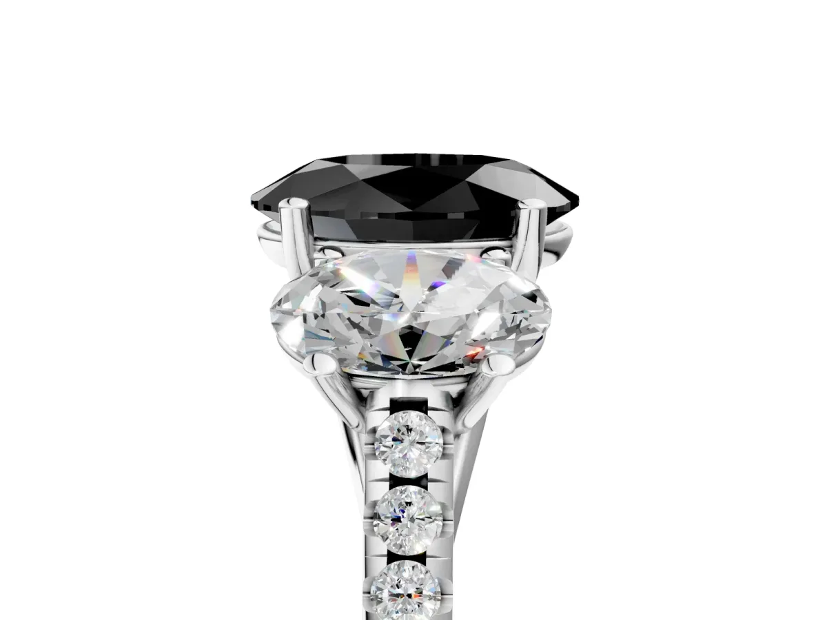 Fancy Black Three-Stone Oval Cut Diamond Ring with Round Pavé Band and Prong Setting Silver