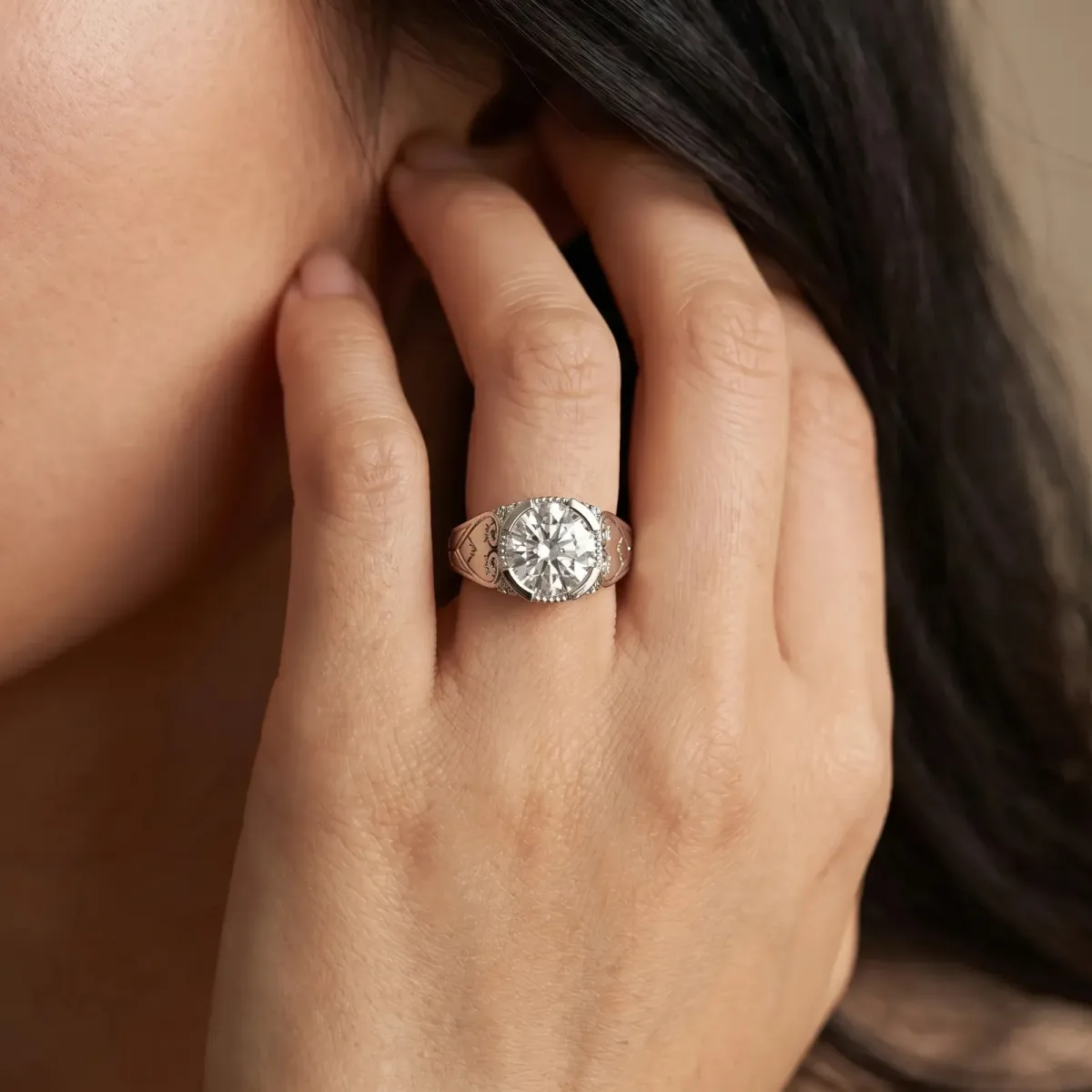 Round Cut Brilliant Solitaire Milgrain Bezel Engagement Ring Silver