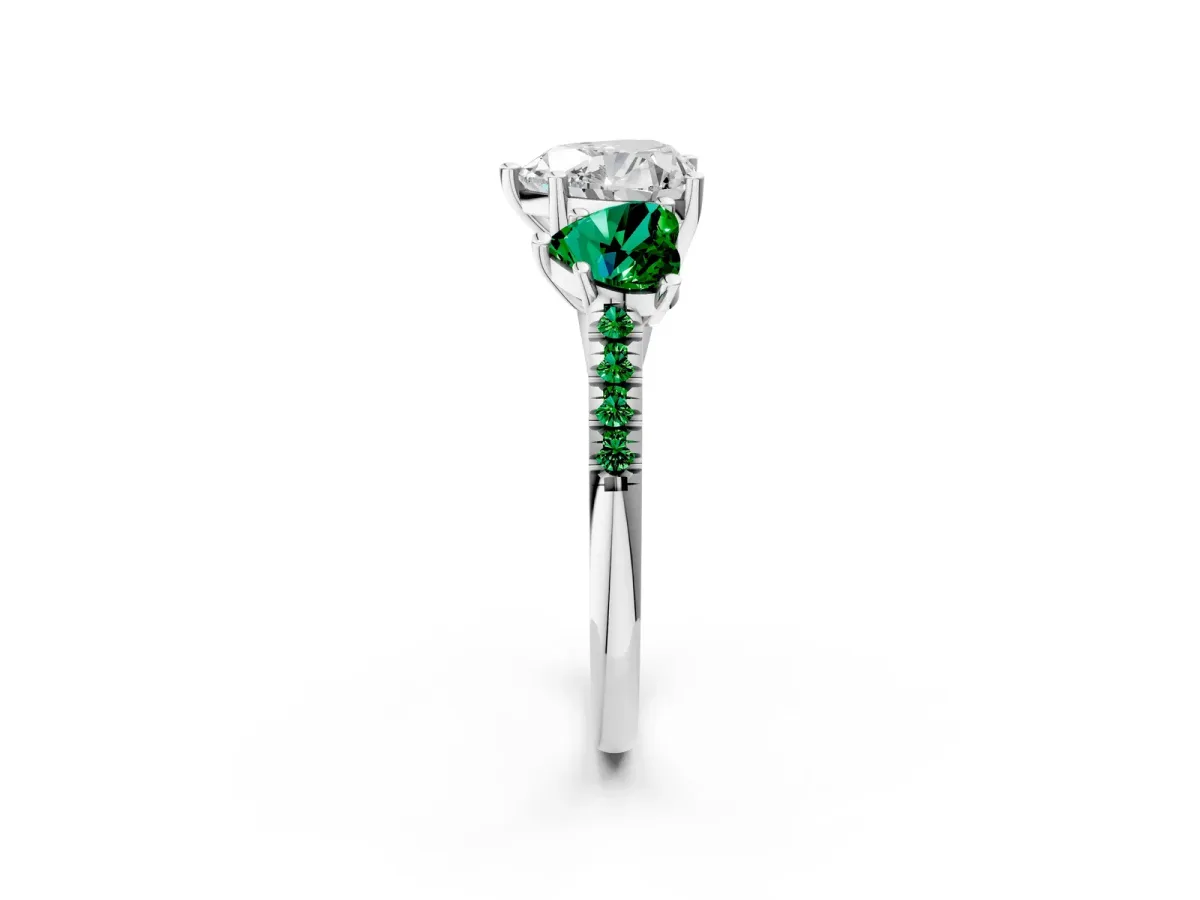 Three-Stone Heart Cut Diamond Ring with Round Emerald Pavé Band and Prong Setting Platinum