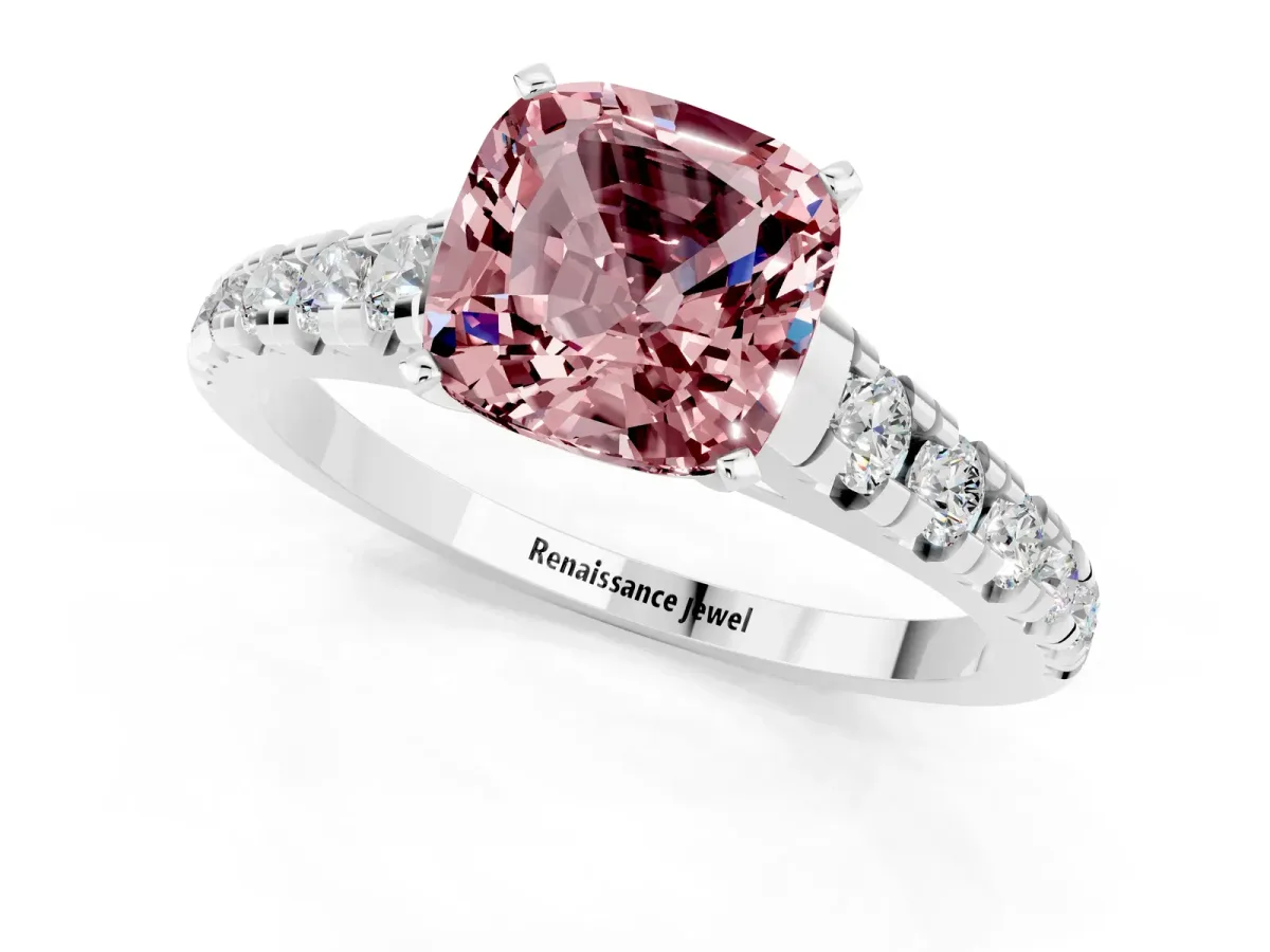 Cushion Cut Morganite Cathedral Solitaire Ring with Round Pavé Band Silver