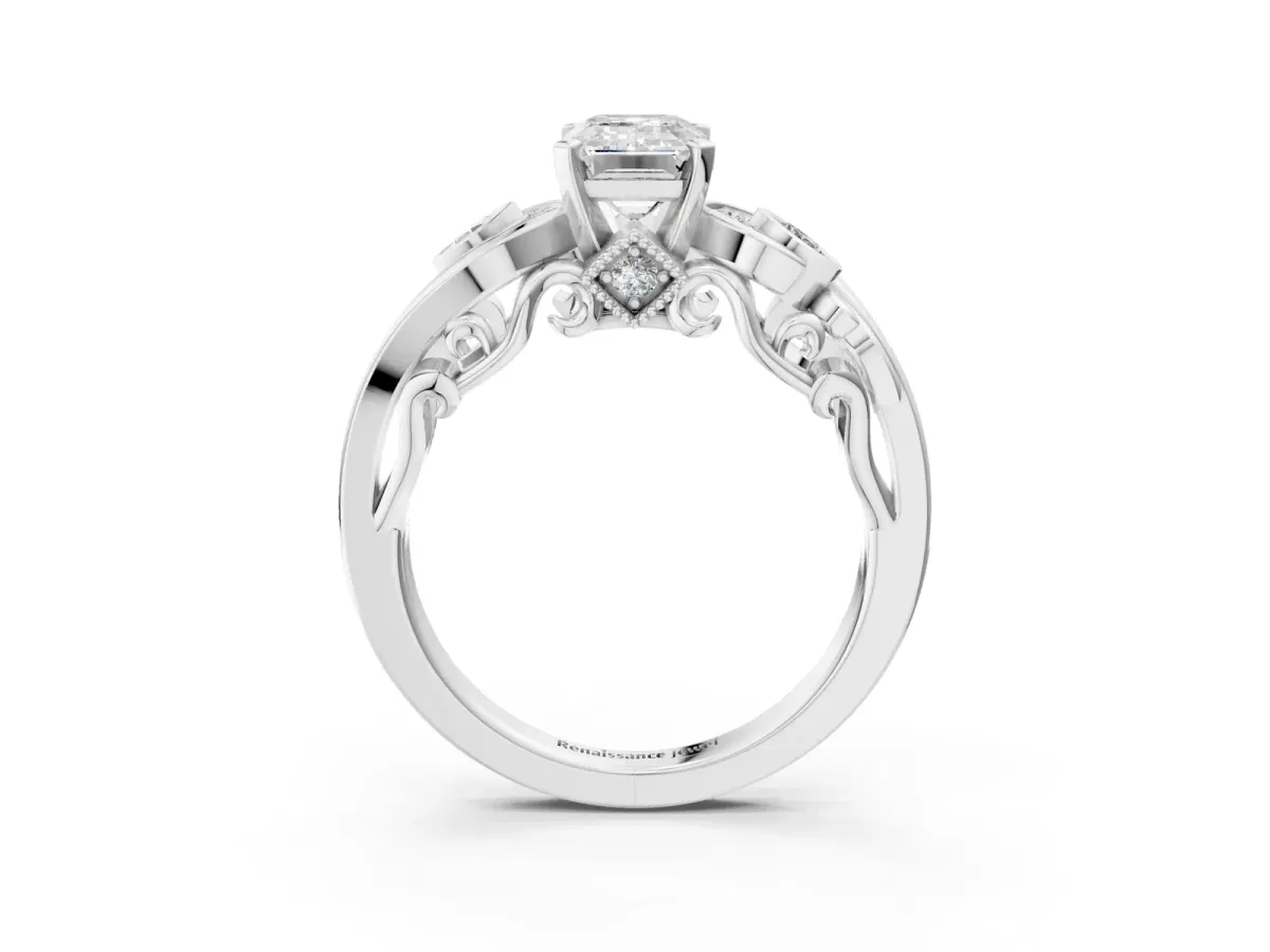 Emerald Cut Diamond Solitaire Ring with Milgrain Pavé Band and Four-Prong Setting Silver