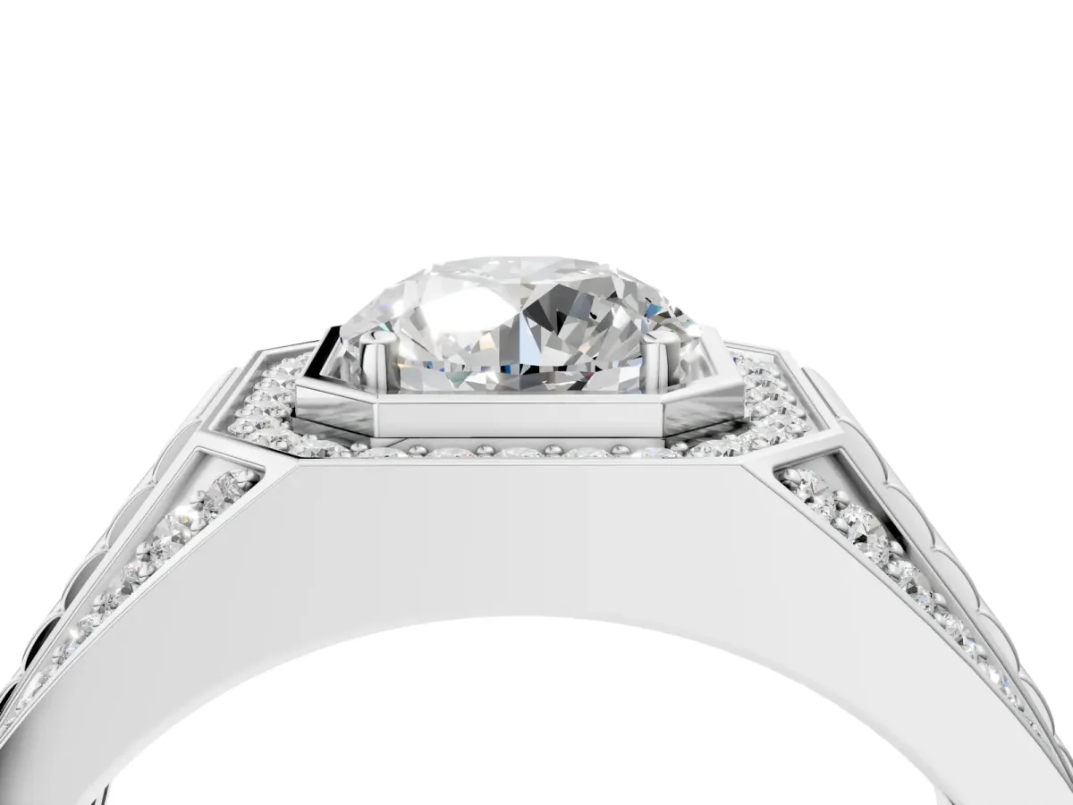 Round Diamond Octagonal Halo Mens Ring with Pavé Accents Silver