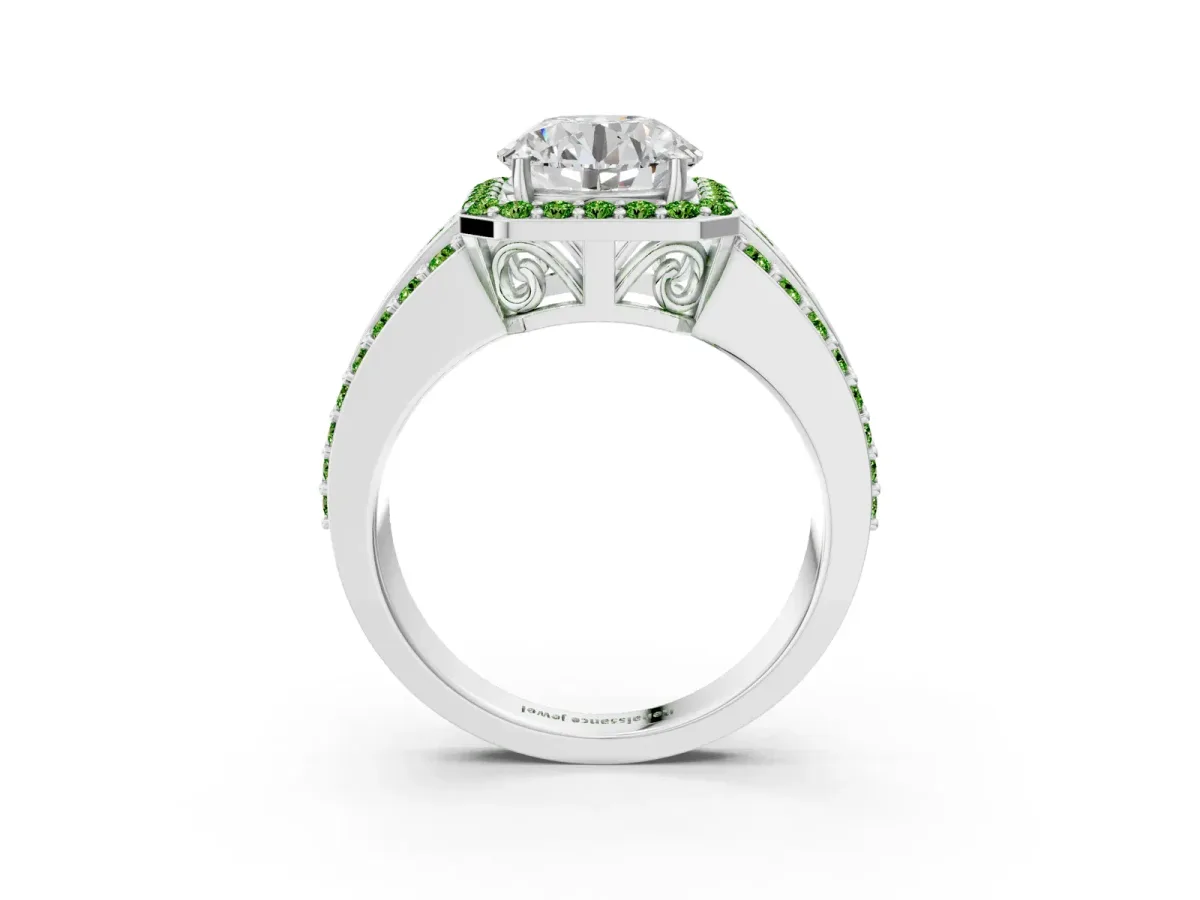 Round Cut Halo Diamond Ring with Round Peridot Split Shank and Prong Setting White gold