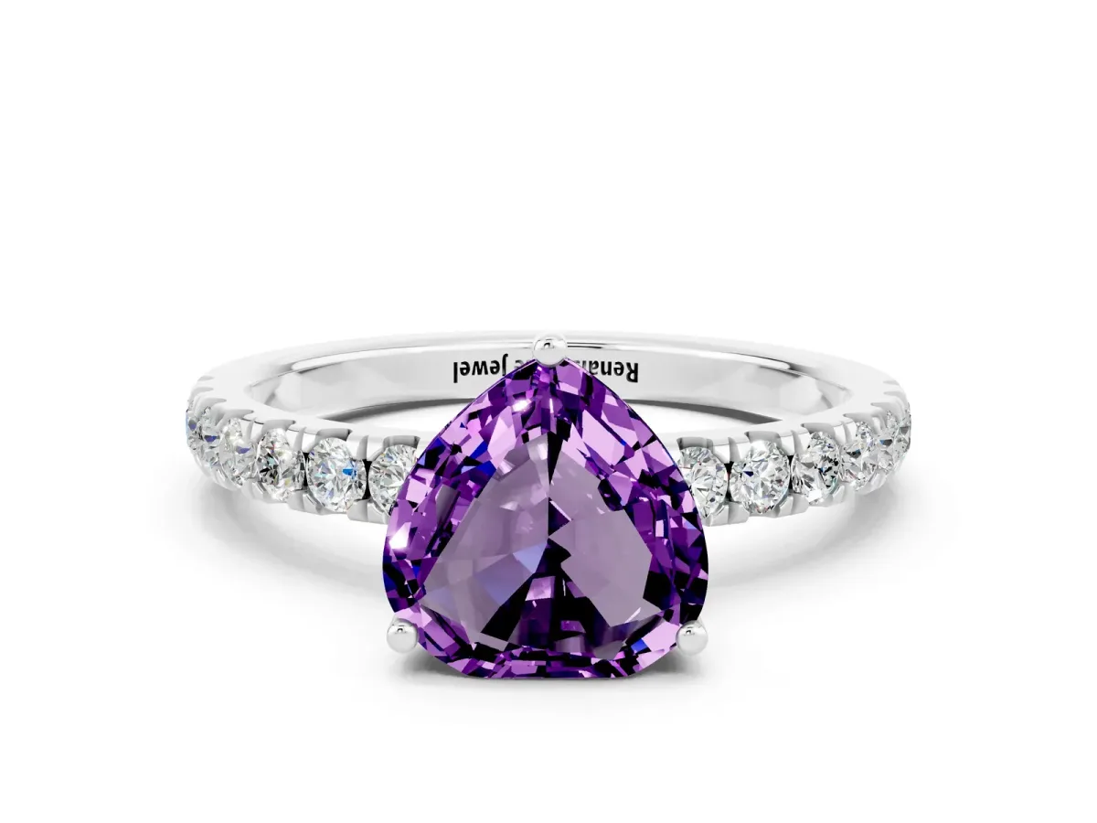 Heart Cut Amethyst Pave Band Solitaire Ring with Round and Prong Setting Platinum