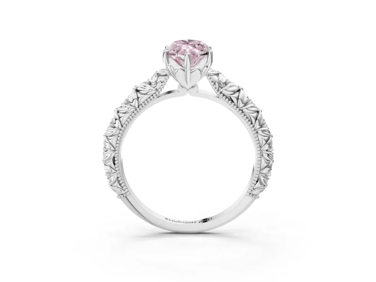 Fancy Pink Marquise Cut Solitaire Floral Milgrain Engagement Ring Silver