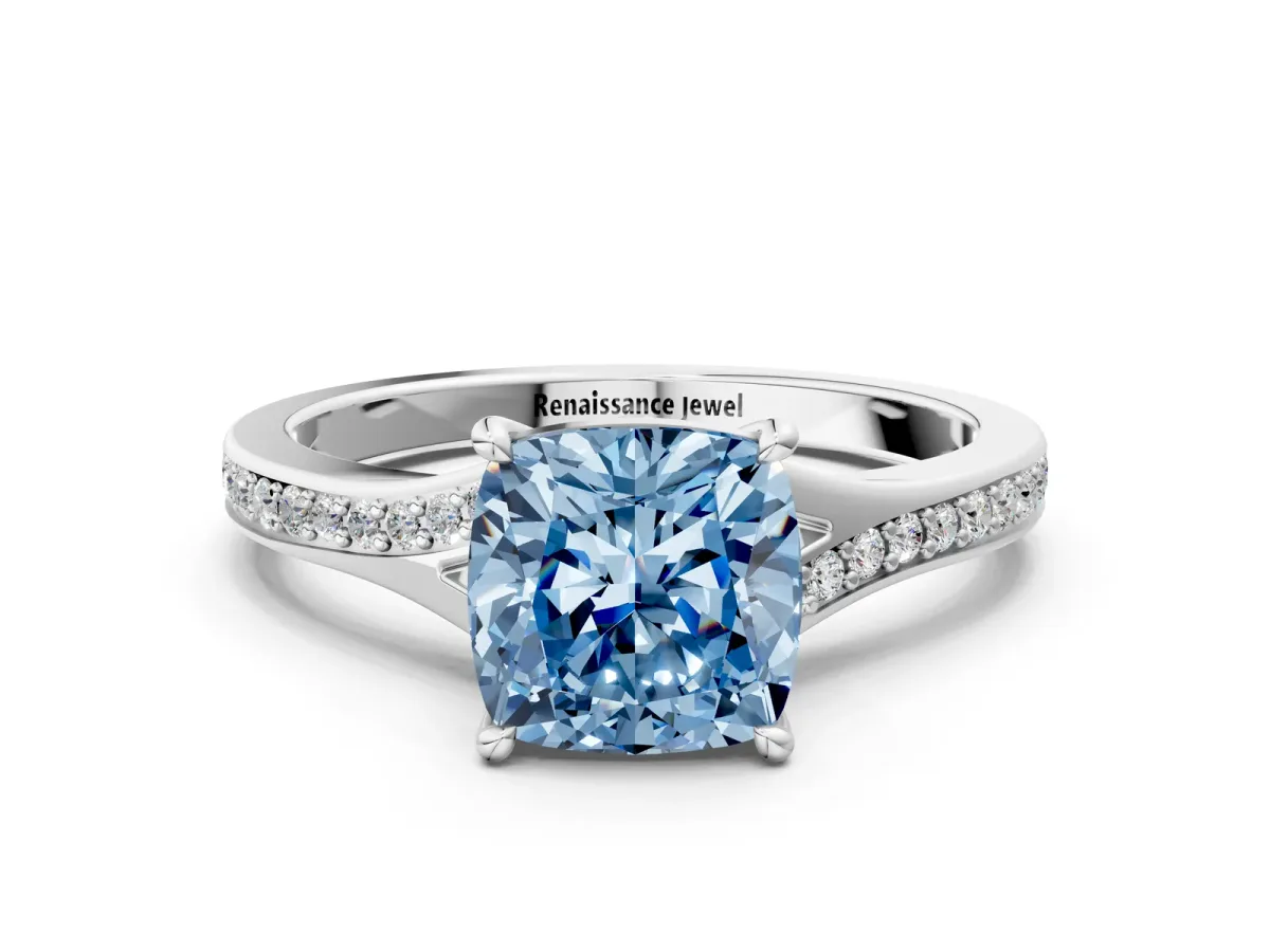 Fancy Blue Cushion Cut Diamond Solitaire Ring with Pavé Band and Prong Setting Silver