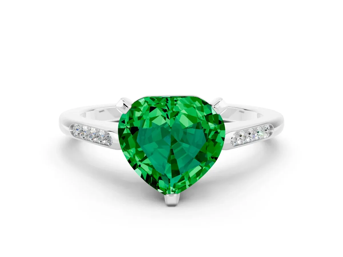 Heart Cut Emerald Solitaire Ring with Channel Set Round Band and Prong Setting Silver