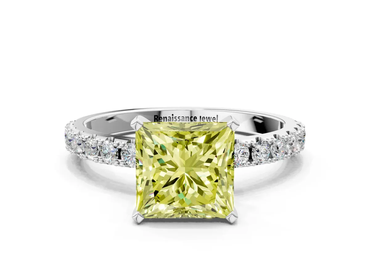 Fancy Yellow Princess Cut Diamond Solitaire Pavé Band with Four-Prong Setting Silver