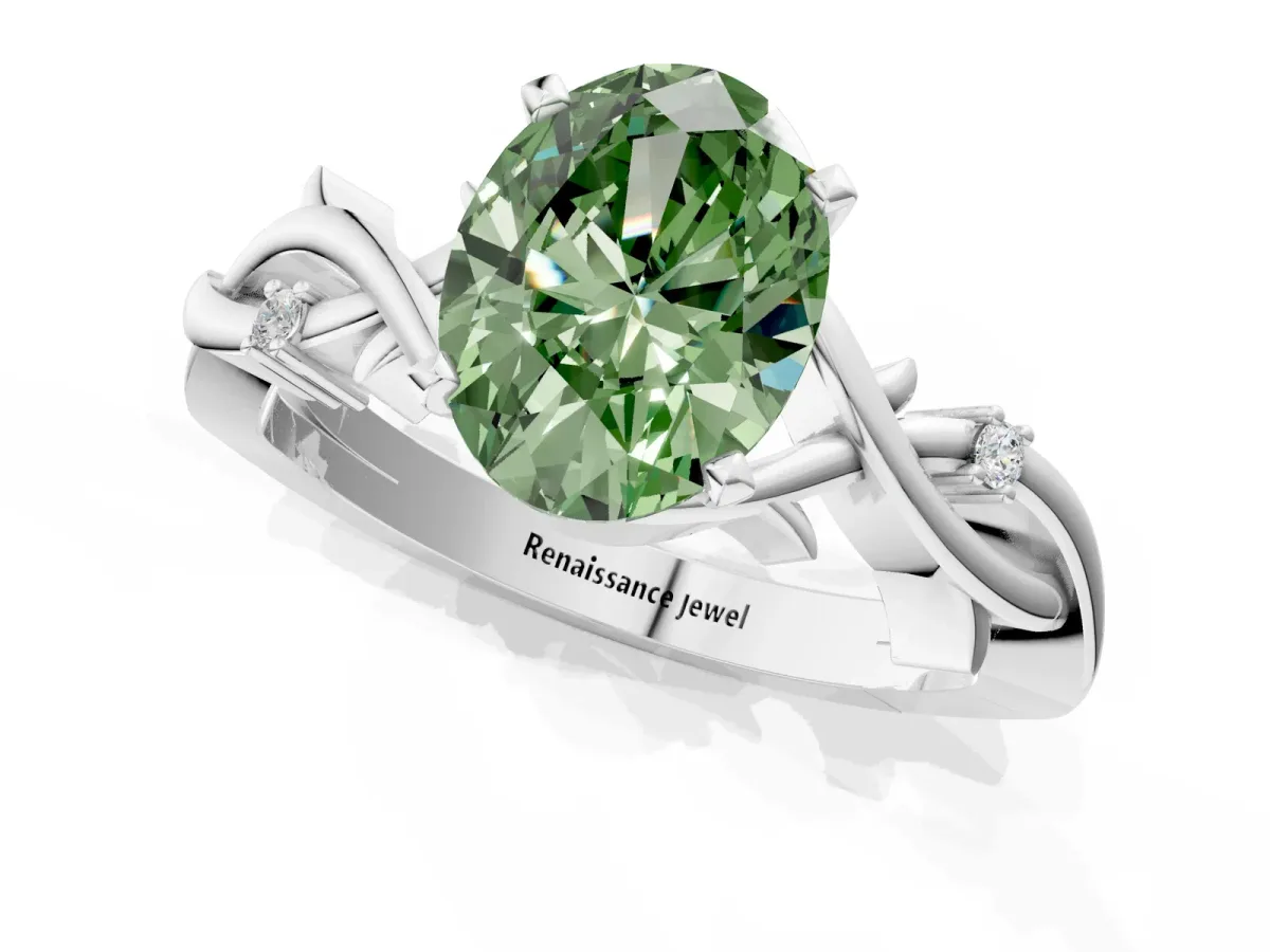 Fancy Green Oval Cut Diamond Solitaire Ring with Twisted Band and Prong Setting Platinum