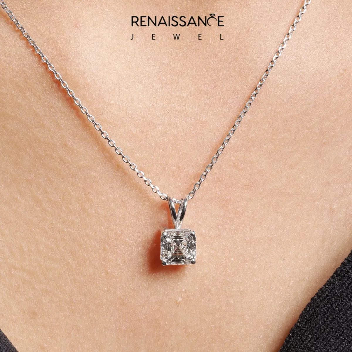 Asscher Diamond Solitaire Pendant with Four Prong Setting Silver