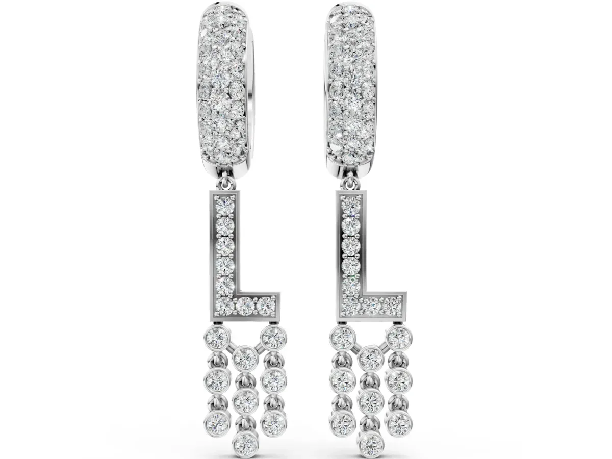 Round Diamond Initial L Huggie Hoop Earrings Silver