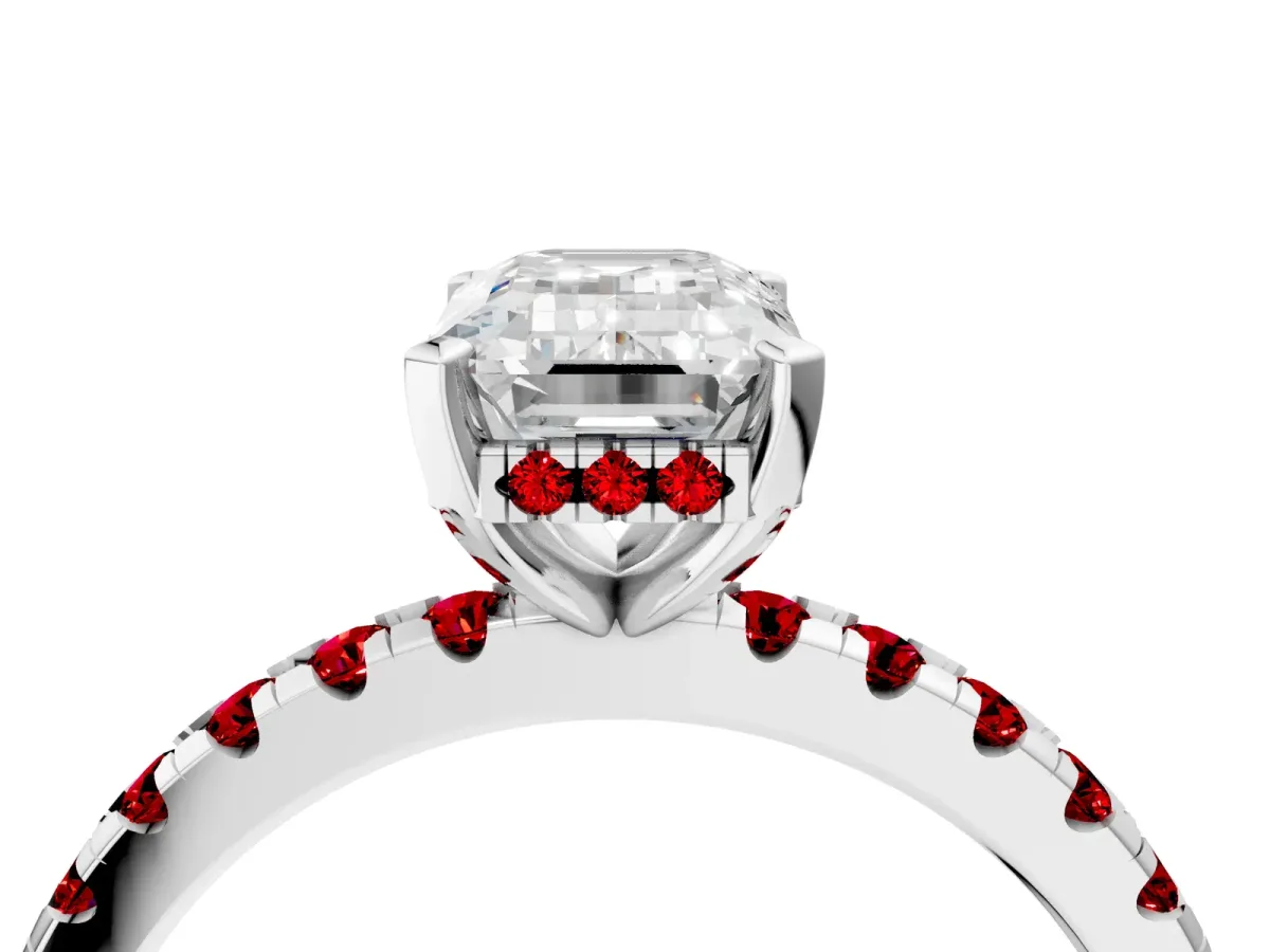 Emerald Cut Diamond Solitaire Ring with Round Ruby Pavé Band and Four-Prong Setting Platinum