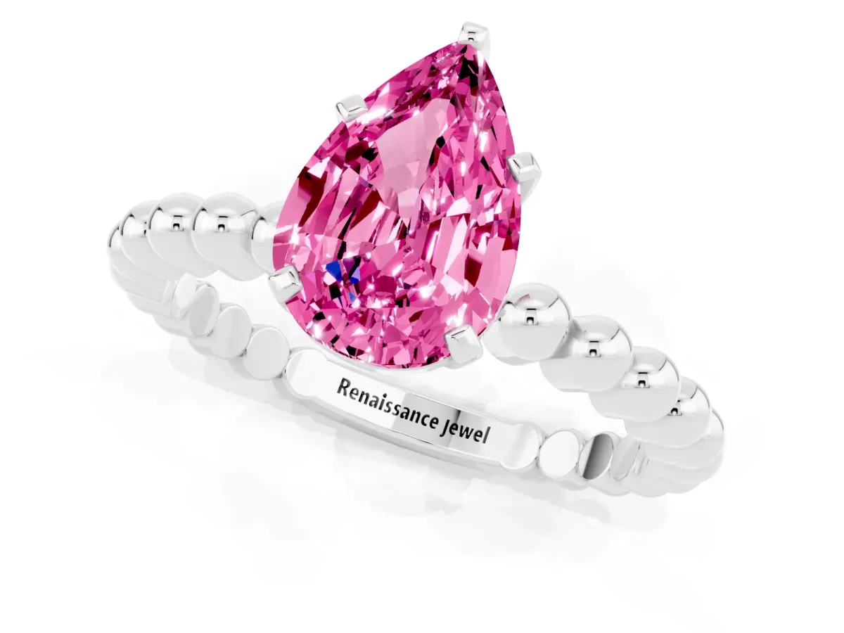 Pear Cut Pink Sapphire Solitaire Ring with Beaded Band and Prong Setting Silver