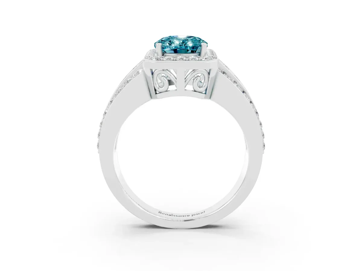 Oval Cut Halo Blue Topaz Ring with Round Split Shank and Prong Setting Platinum