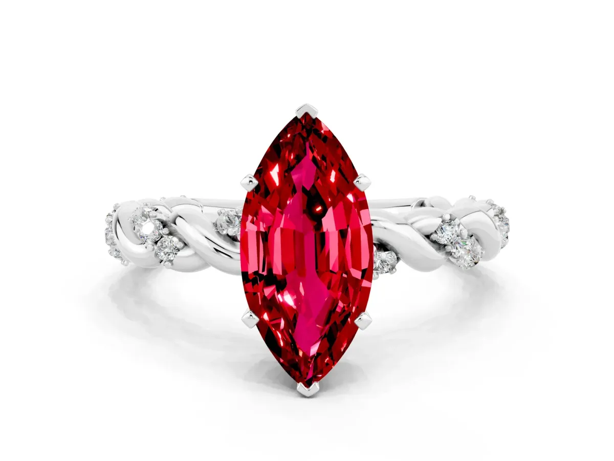 Marquise Cut Ruby Solitaire Ring with Twisted Band and Pavé Accents Platinum